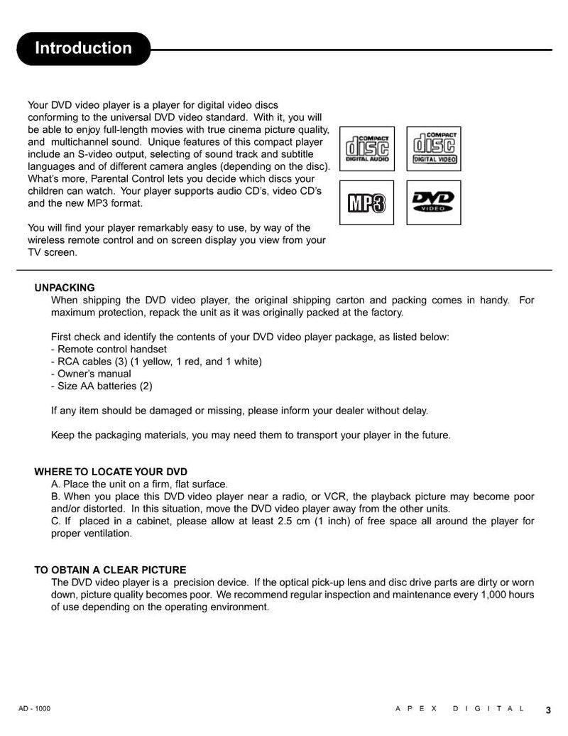 Apex AD1000 DVD Player Operating Manual