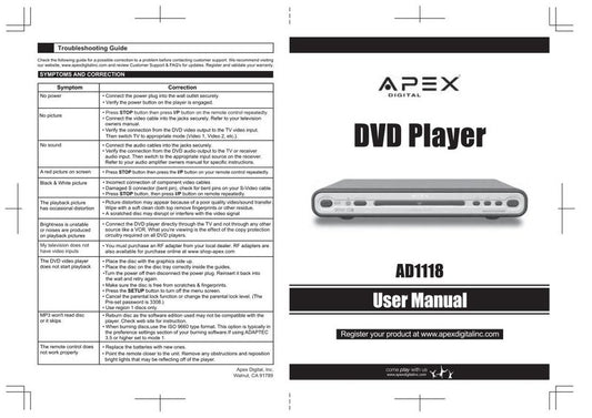 Apex AD1118OM DVD Player Operating Manual