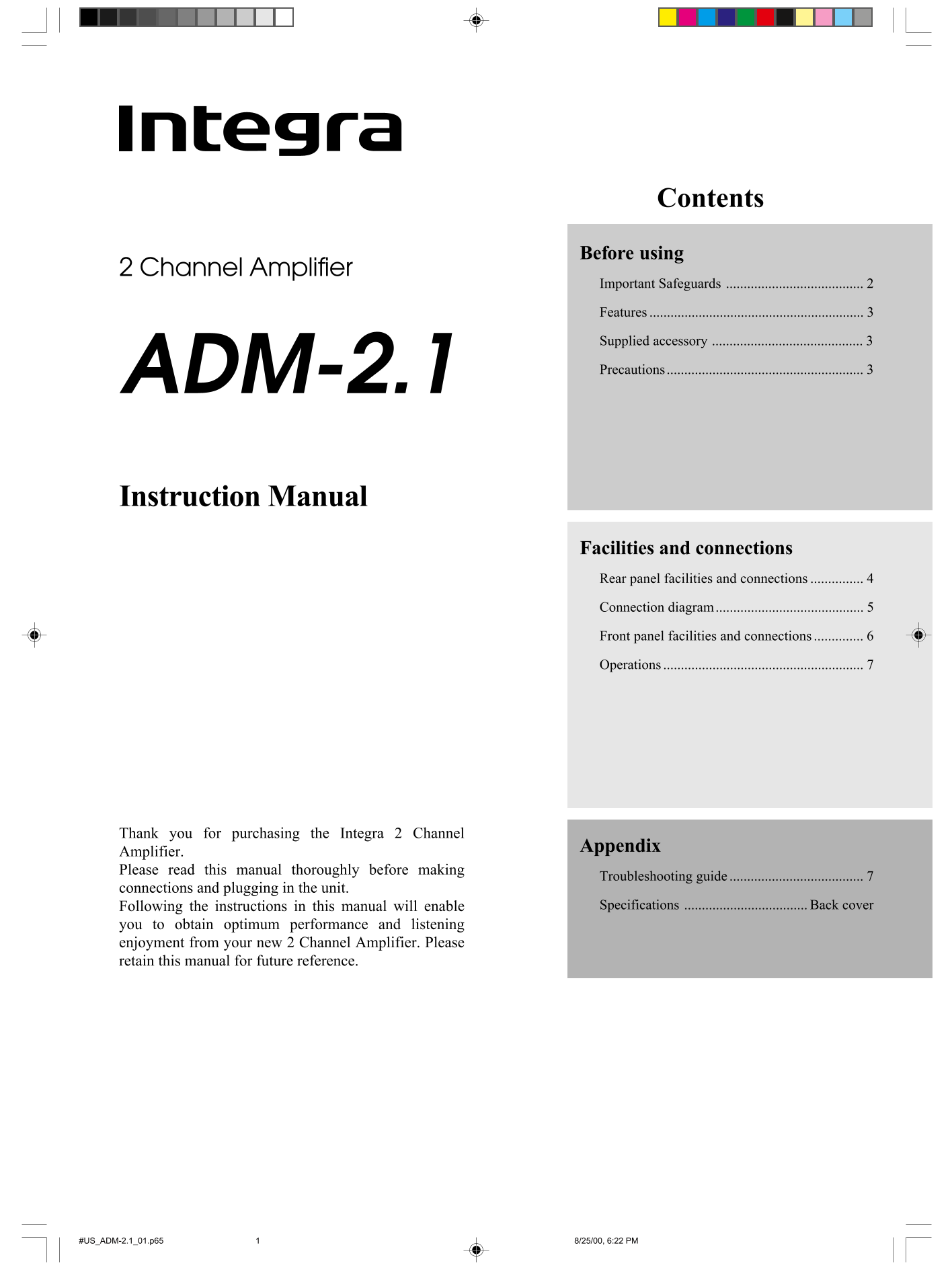 Integra ADM-2.1 Amplifier Owner's/ User Manual (Pages: 8)