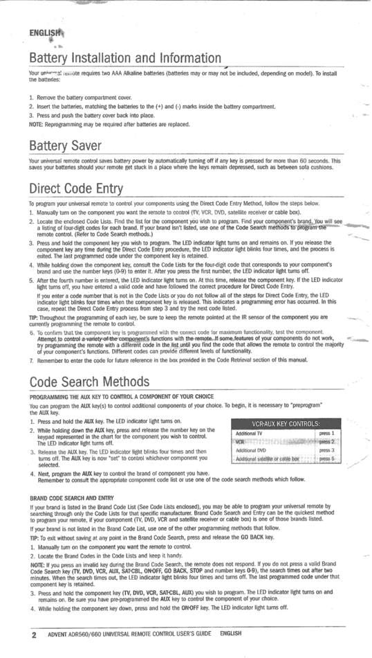 Advent ADR560 Universal Remote Control Operating Manual (Pages: 5)