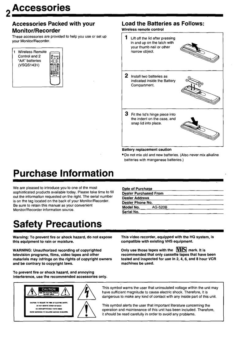 Panasonic AG513E AG520E TV/VCR Combo Operating Manual