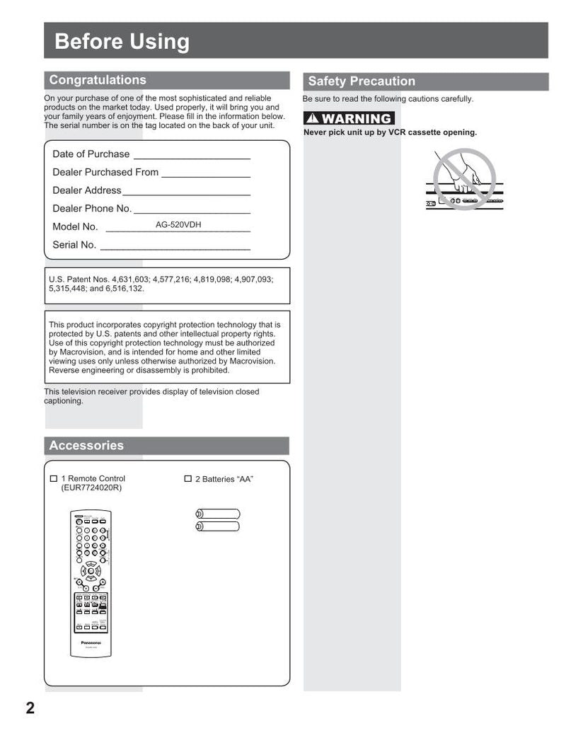 Panasonic AG513E AG520E TV/VCR Combo Operating Manual