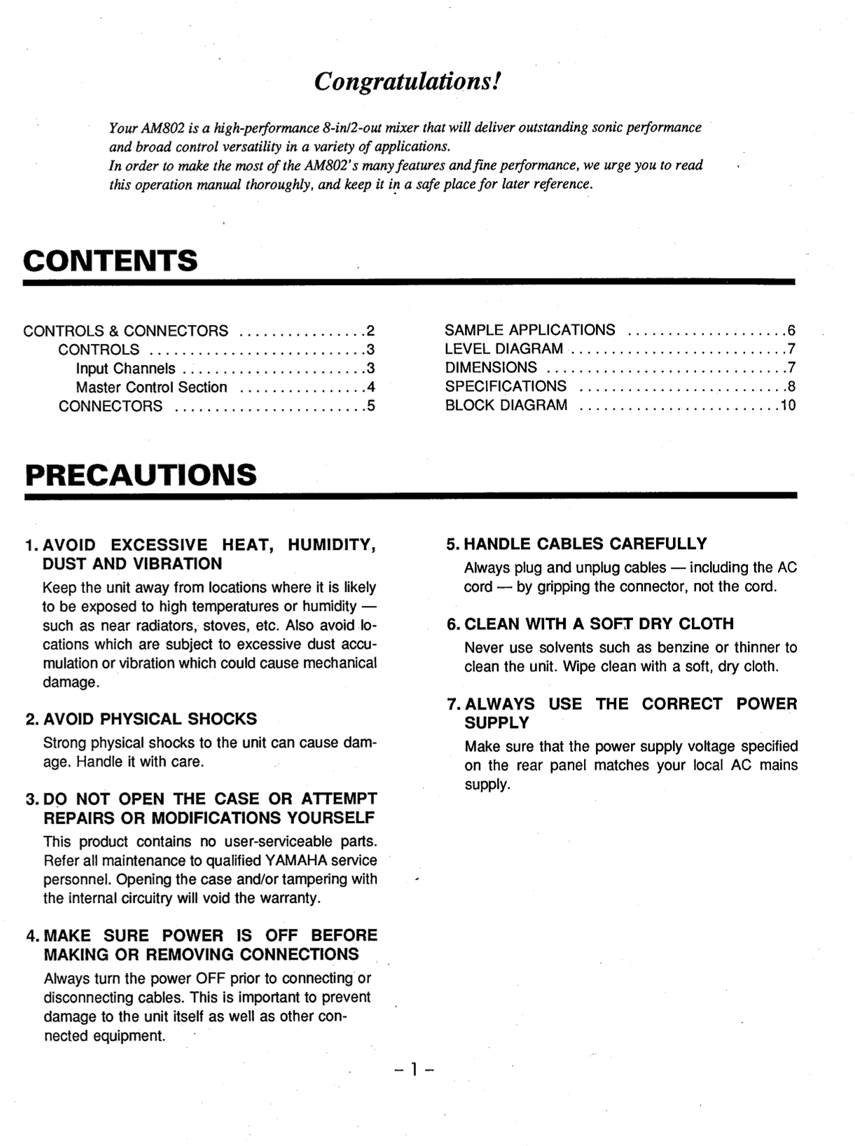 Yamaha AM802 Mixer Owner/ User Manual (Pages: 38)