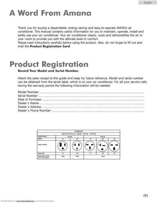 Amana AP077R Air Conditioner Unit Operating Manual