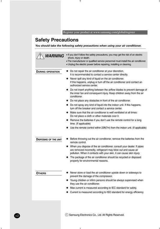 Samsung AQB09JJWC AQB12JJWC AQB18J6WC Air Conditioner Unit Operating Manual