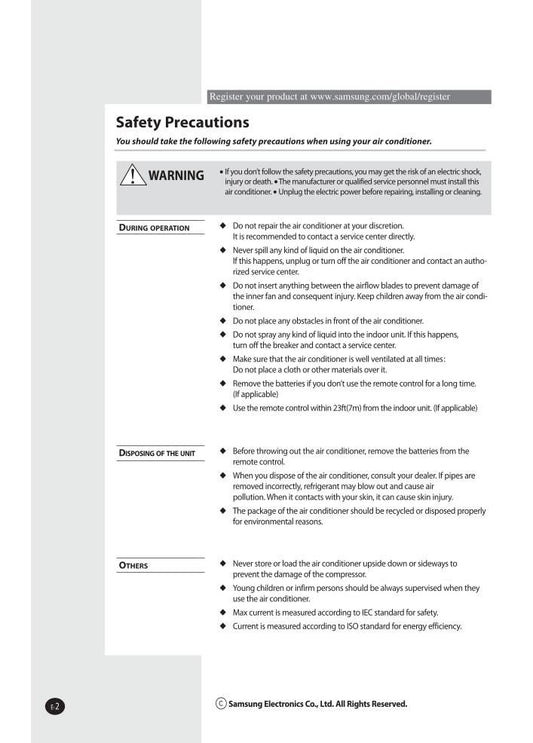 Samsung AQV09JA AQV09JAKCV AQV12JA Air Conditioner Unit Operating Manual