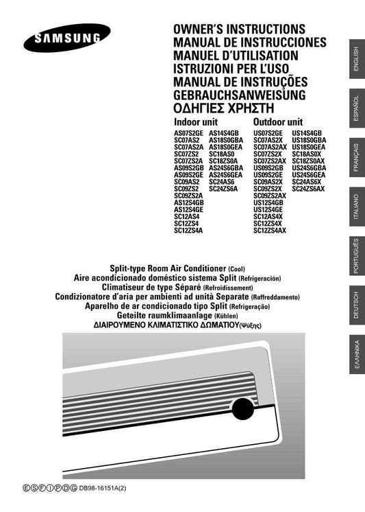 Samsung AS12 S4 GB GB/XAP GB/XTC Air Conditioner Unit Operating Manual