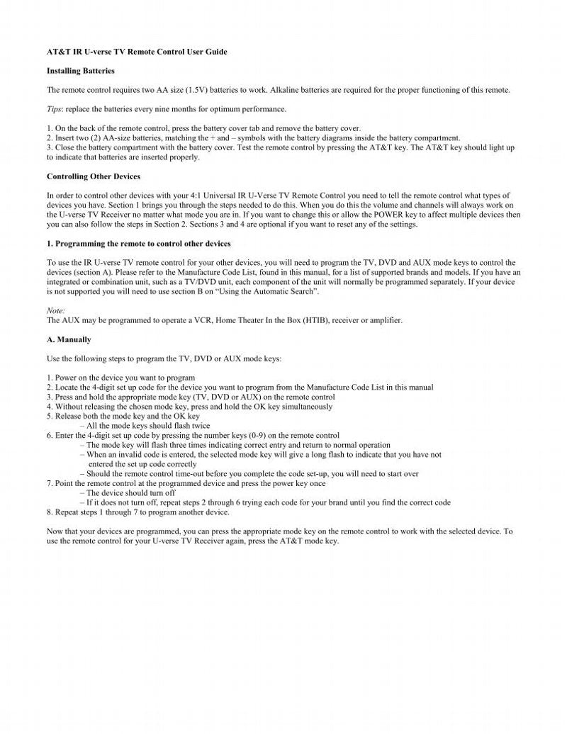 AT&T UVerse User GuideOM Universal Remote Control Operating Manual ...