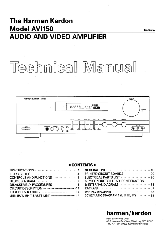 Harman/ Kardon AVI150 Audio/ Video Amplifier Service Manual (Pages: 80)