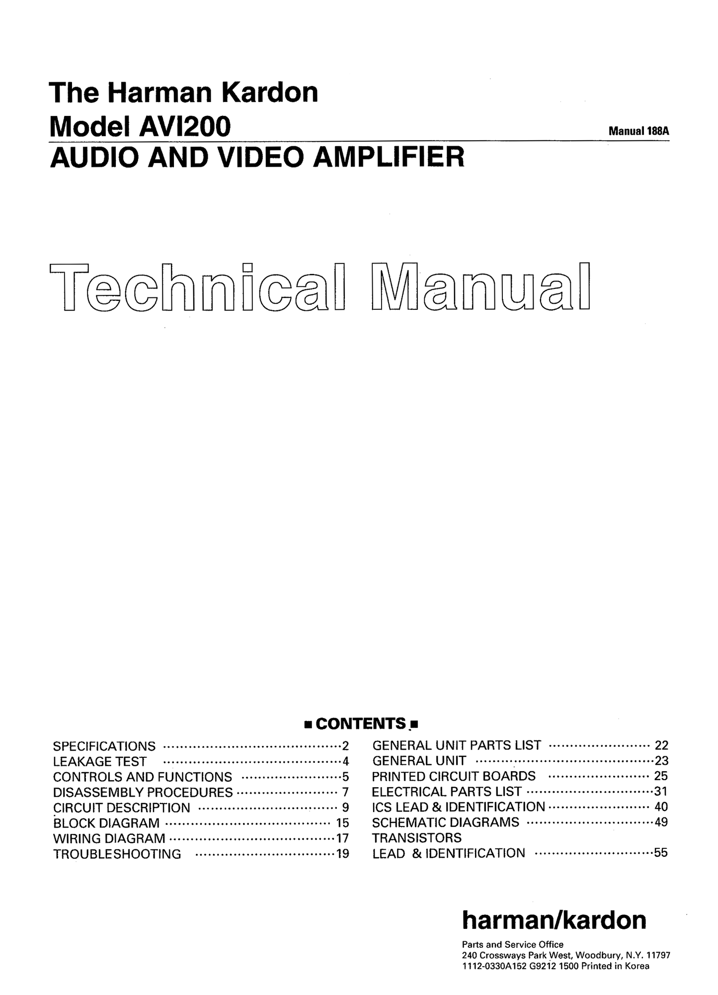 Harman/ Kardon AVI200 Audio/ Video Amplifier Owner & Service Manual (Pages: 86)