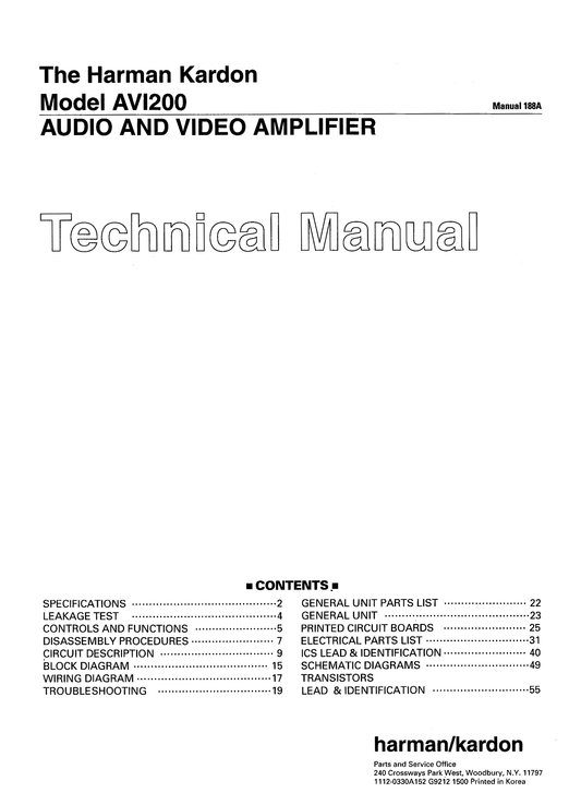 Harman/ Kardon AVI200 Audio/ Video Amplifier Owner & Service Manual (Pages: 86)