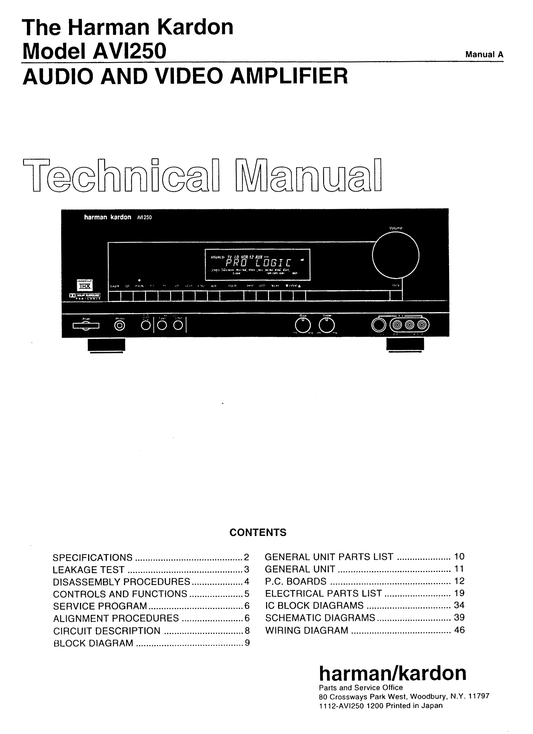 Harman/ Kardon AVI250 Audio/ Video Amplifier Service Manual (Pages: 68)