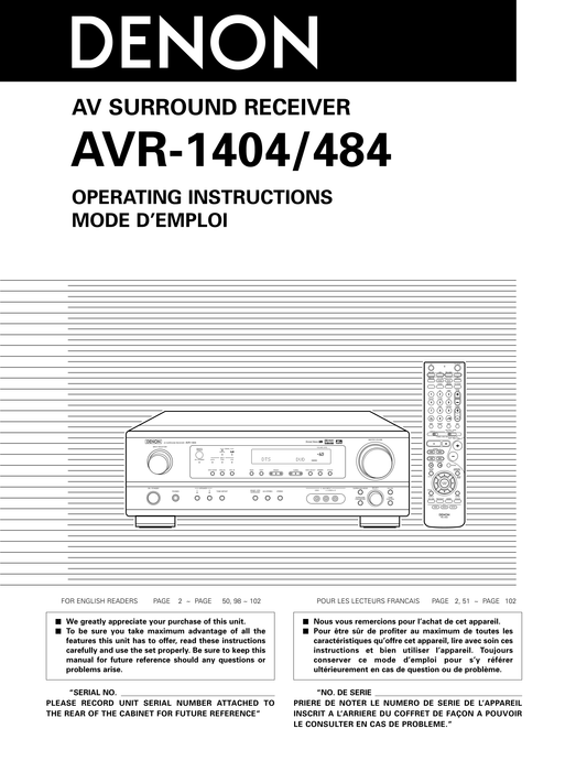 Denon AVR-1404 & AVR-484 AV Receiver Owner's/ User Manual (Pages: 104)