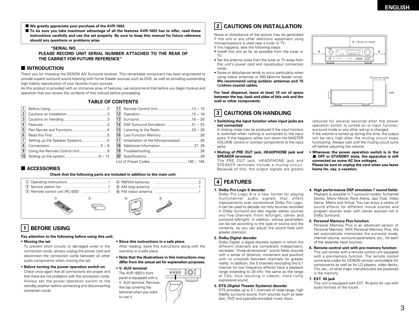 Denon AVR-1603 AV Receiver Owner's/ User Manual (Pages: 32)