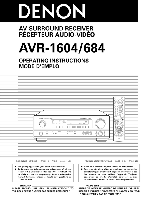 Denon AVR-1604 & AVR-684 AV Receiver Owner/ User Manual (Pages: 128)