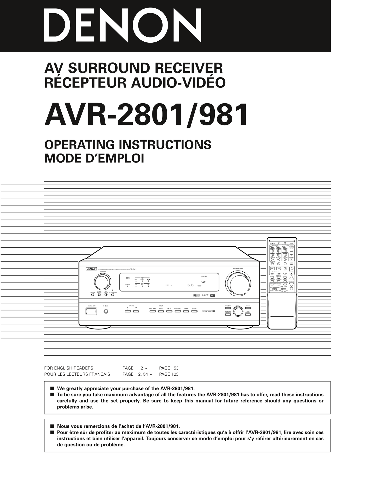 Denon AVR-2801 & AVR-981 AV Receiver Owner's/ User Manual (Pages: 54)