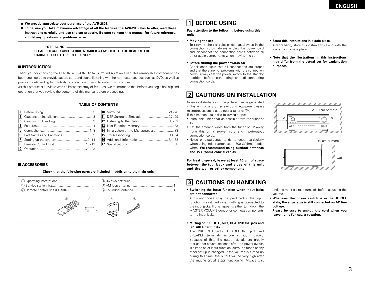 Denon AVR-2802 AV Receiver Owner's/ User Manual (Pages: 74)