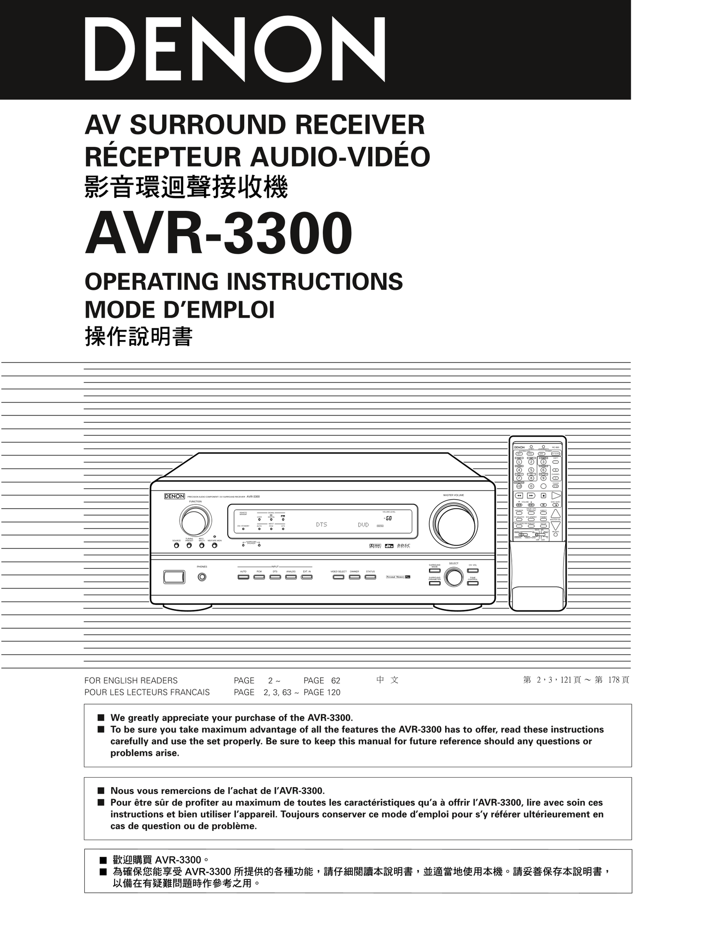 Denon AVR-3300 AV Receiver Owner's/ User Manual (Pages: 62)