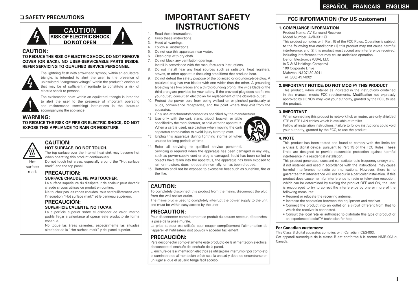 Denon AVR-3311CI AV Receiver Owner's/ User Manual (Pages: 123)