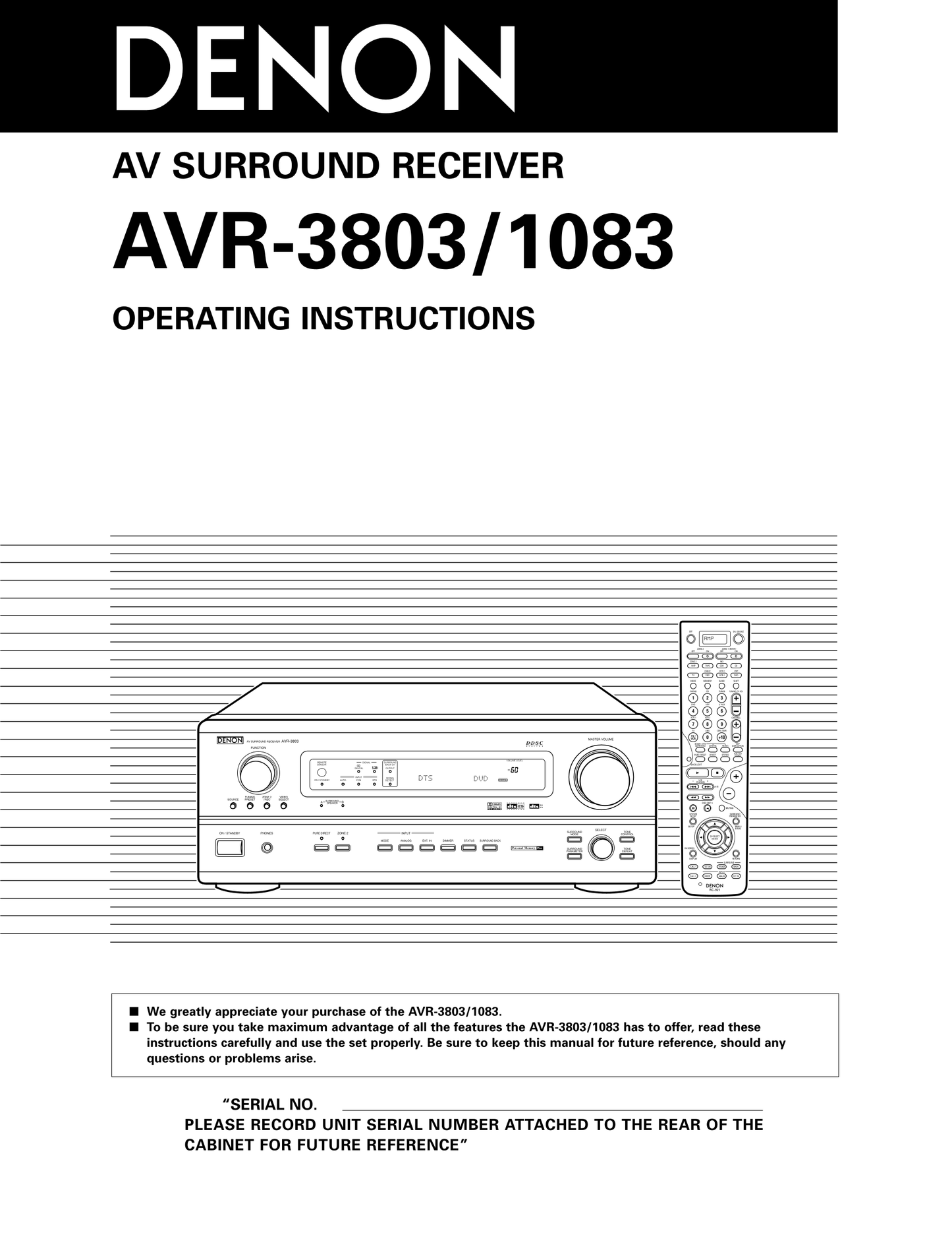 Denon AVR-3803 & AVR-1083 AV Receiver Owner's/ User Manual (Pages: 84)