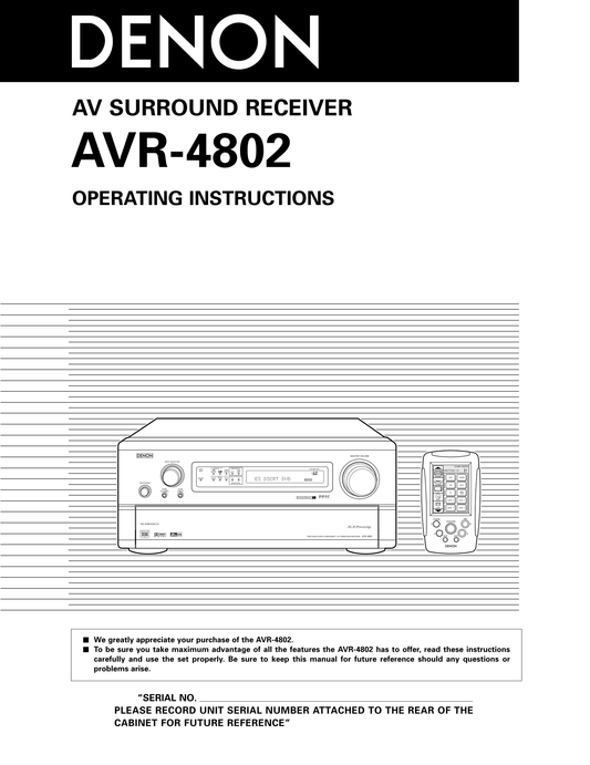 Denon AVR-4802 AV Receiver Owner's/ User Manual (Pages: 72)
