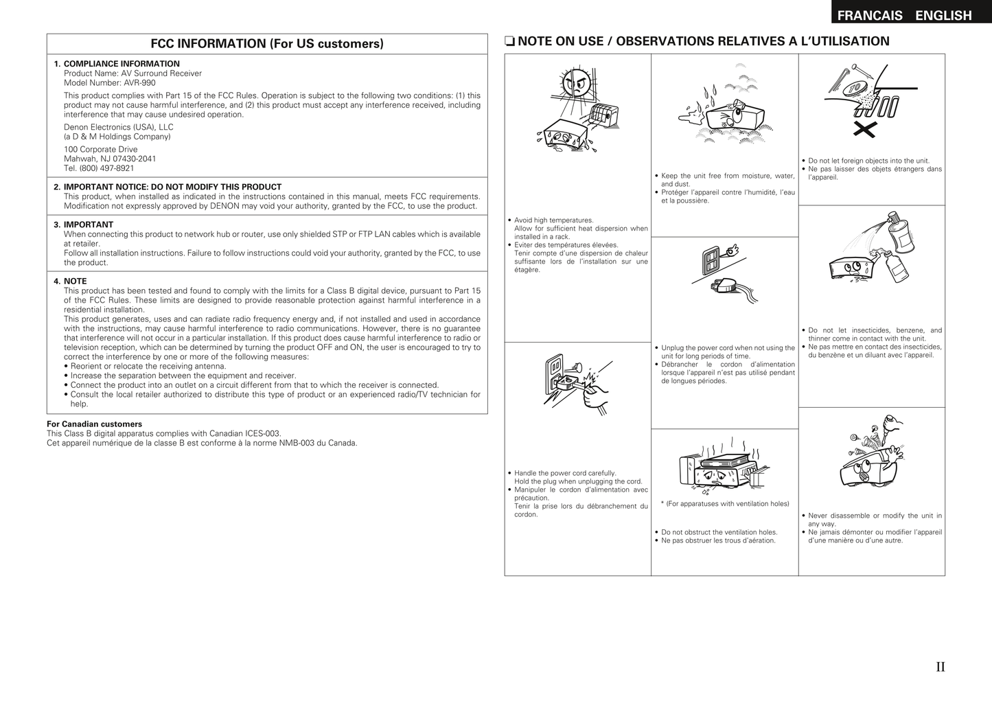 Denon AVR-990 AV Receiver Owner/ User Manual (Pages: 108)