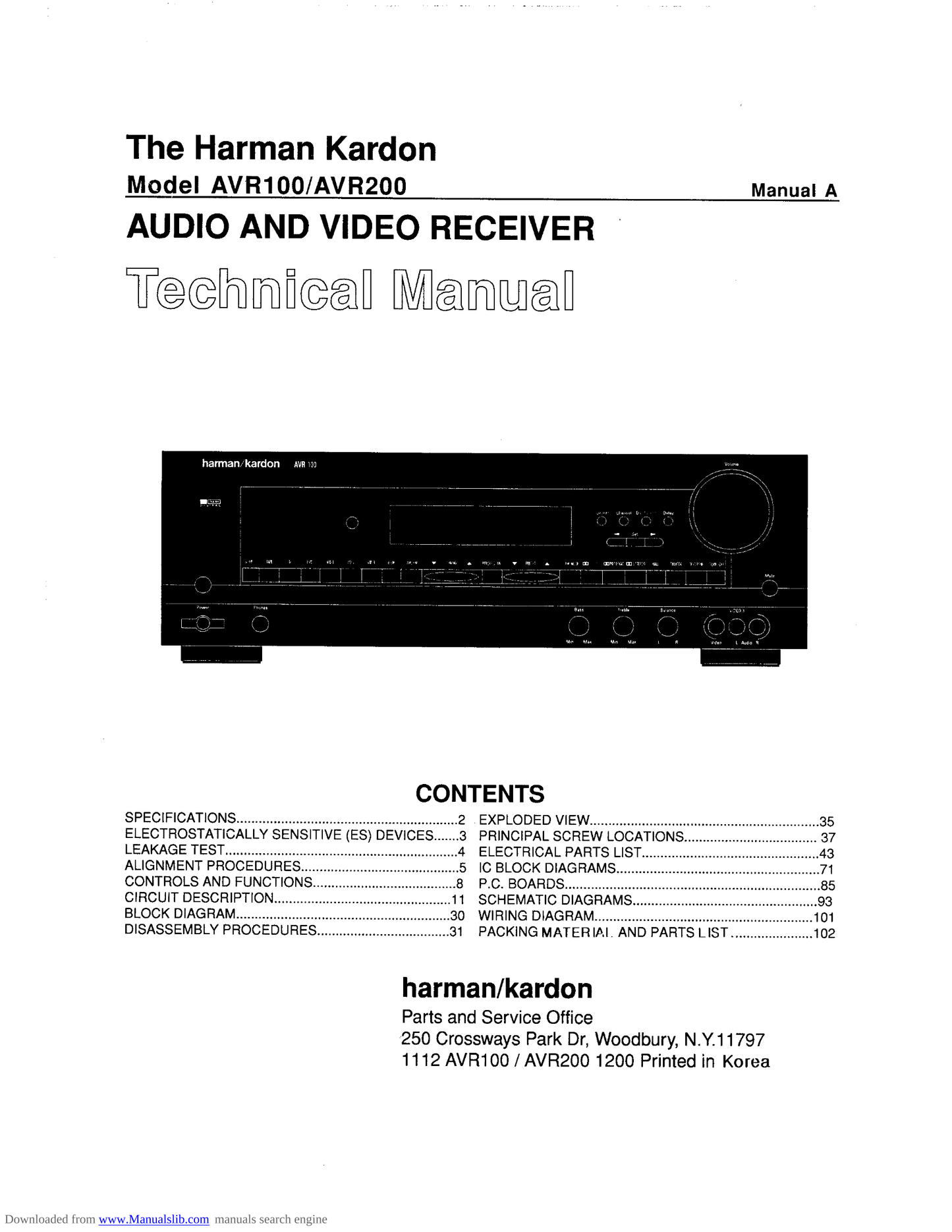 Harman/ Kardon AVR100 & AVR200 AV Receiver Service Manual (Pages: 106)