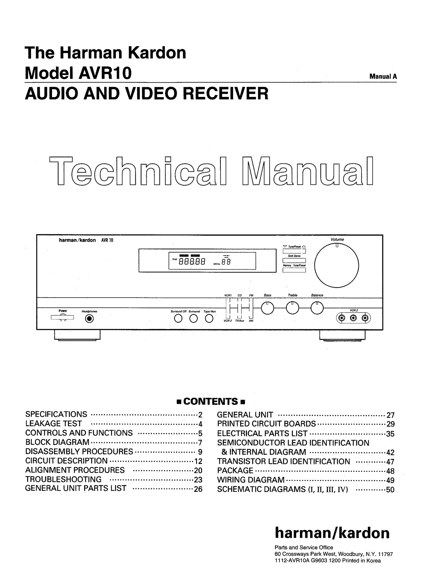 Harman/ Kardon AVR10 Audio/ Video Receiver Owner & Service Manual (Pages: 109)