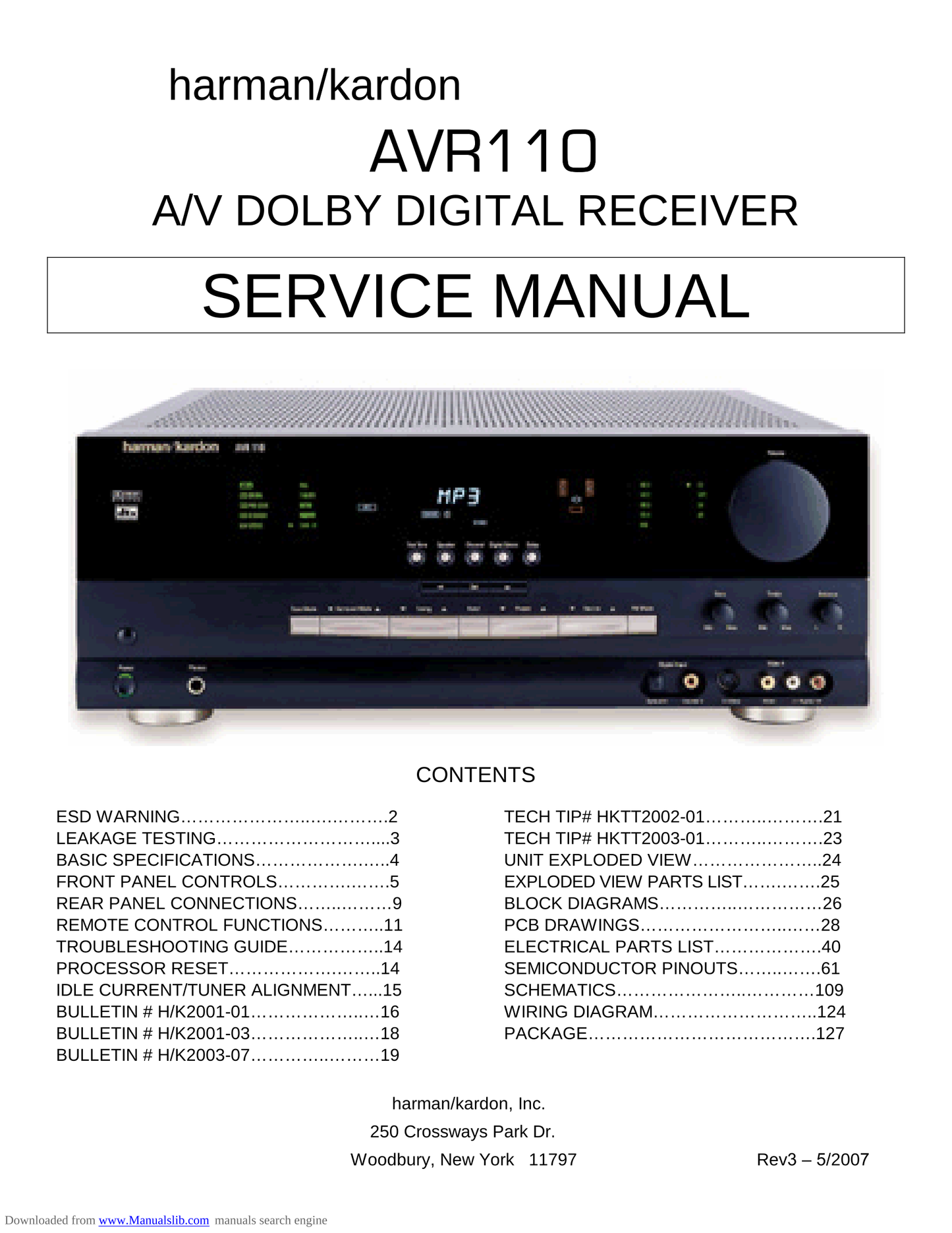 Harman/ Kardon AVR110 AV Receiver Service Manual (Pages: 127)