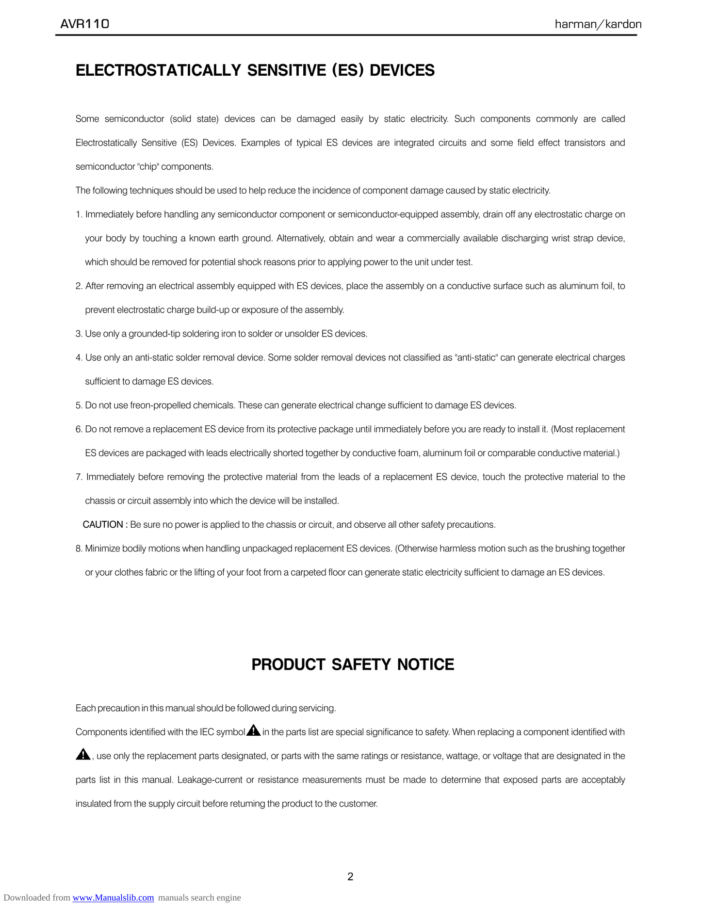 Harman/ Kardon AVR110 AV Receiver Service Manual (Pages: 127)