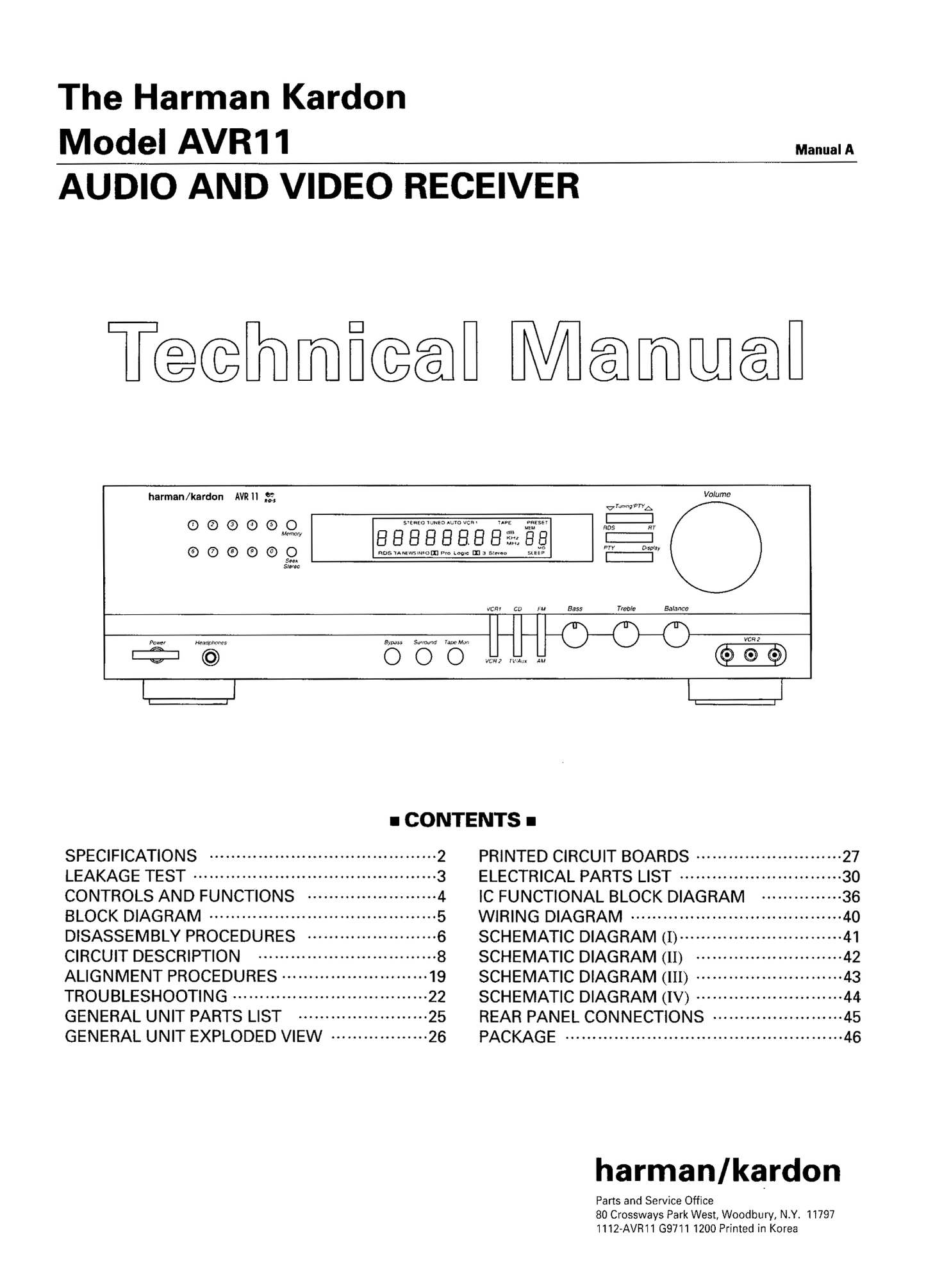 Harman/ Kardon AVR11 Audio/ Video Receiver Service Manual (Pages: 67)