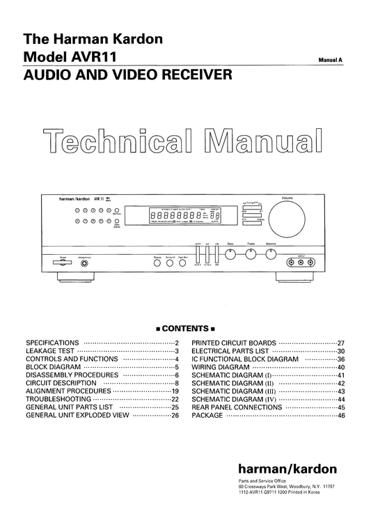 Harman/ Kardon AVR11 Audio/ Video Receiver Service Manual (Pages: 67)