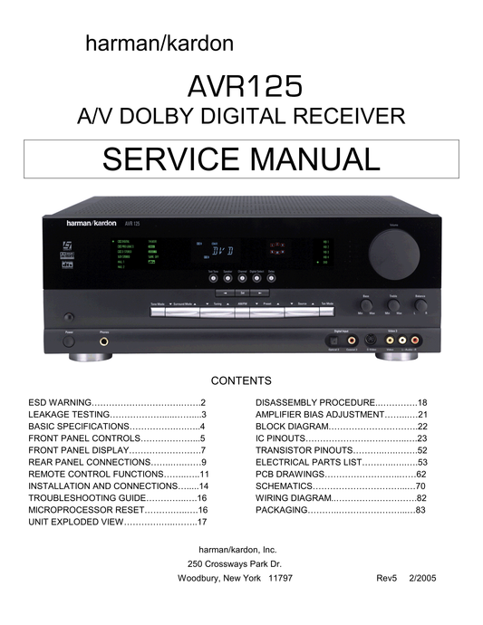 Harman/ Kardon AVR125 AV Receiver Service Manual (Pages: 83)