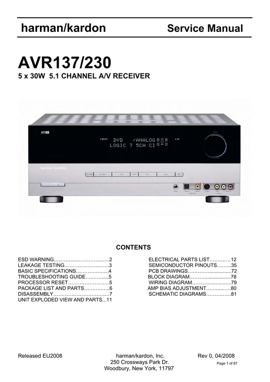 Harman/ Kardon AVR137/230 Audio/ Video Receiver Service Manual (Pages: 87)