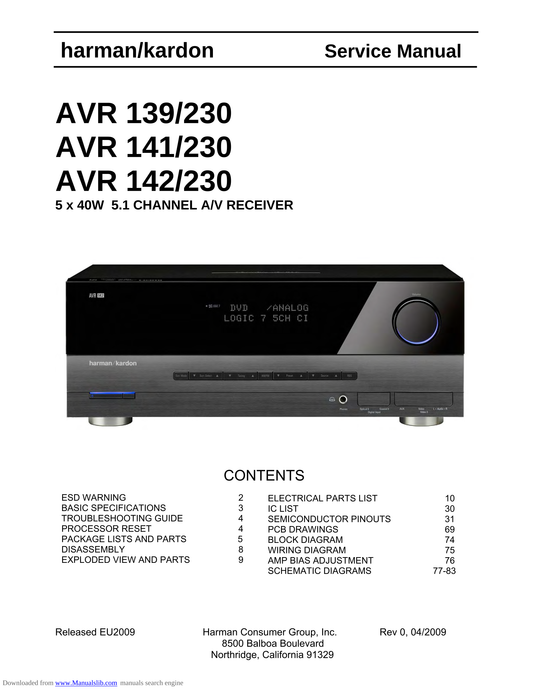 Harman/ Kardon AVR139, AVR141 & AVR142 AV Receiver Service Manual (Pages: 83)