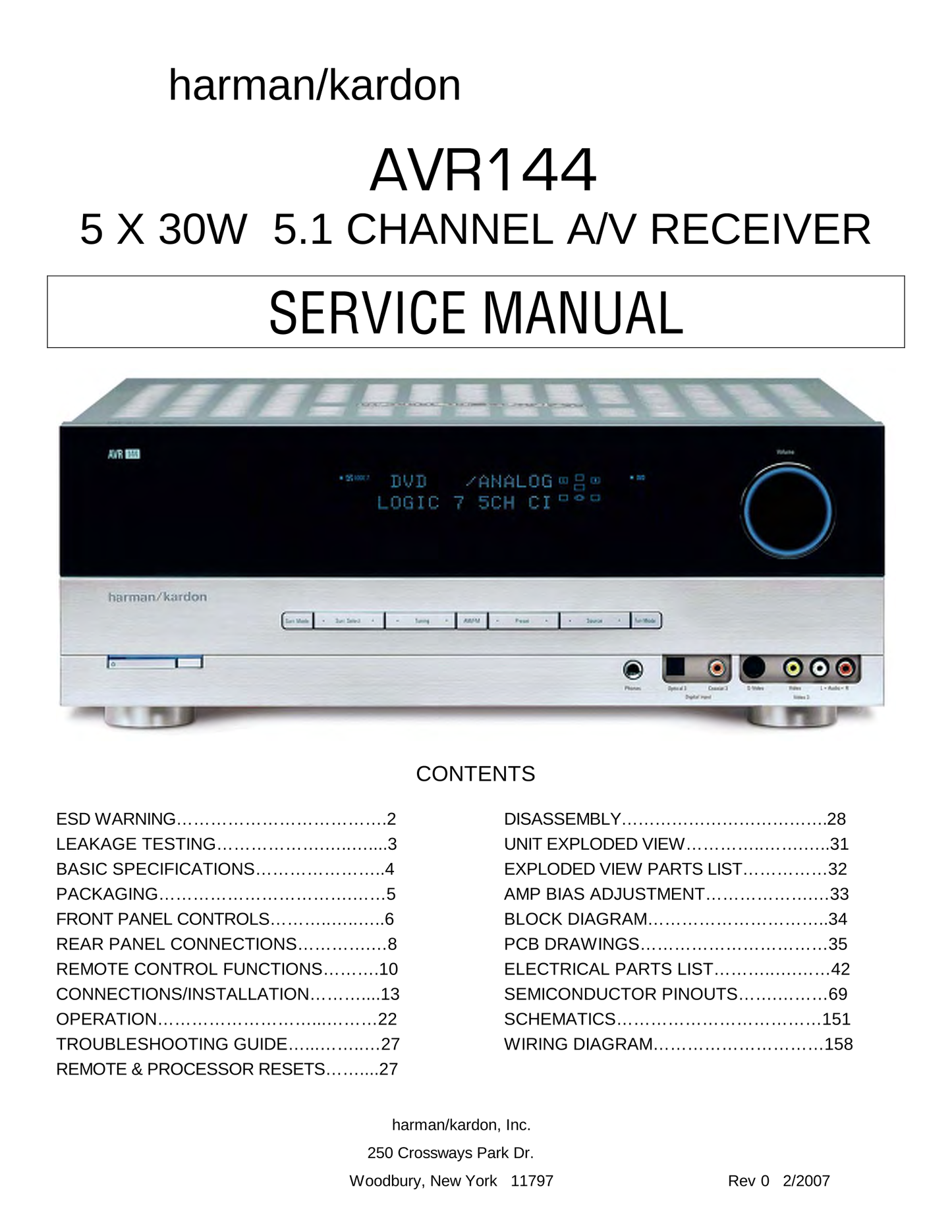 Harman/ Kardon AVR144 Audio/ Video Receiver Service Manual (Pages: 158)