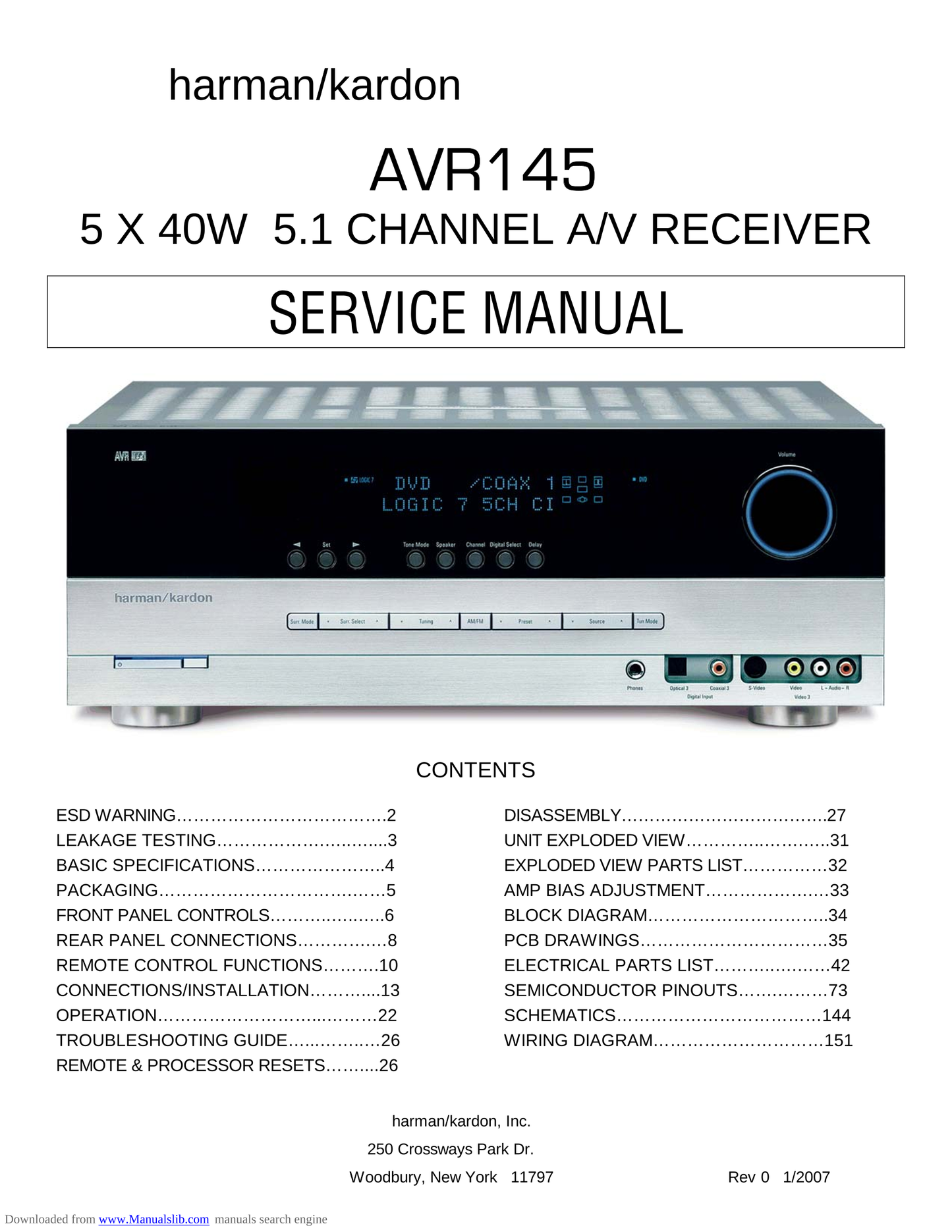 Harman/ Kardon AVR145 AV Receiver Service Manual (Pages: 151)