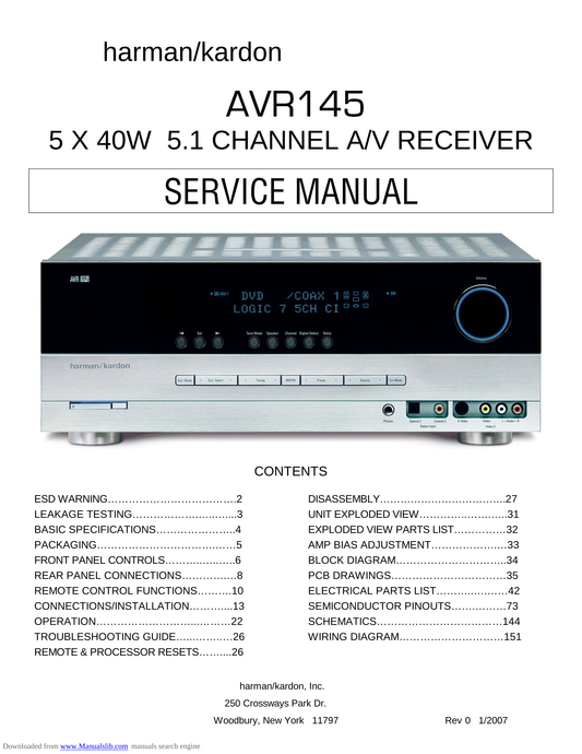 Harman/ Kardon AVR145 AV Receiver Service Manual (Pages: 151)