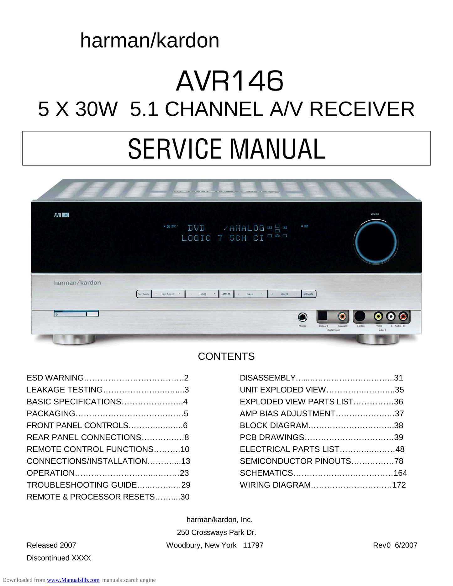 Harman/ Kardon AVR146 AV Receiver Service Manual (Pages: 172)