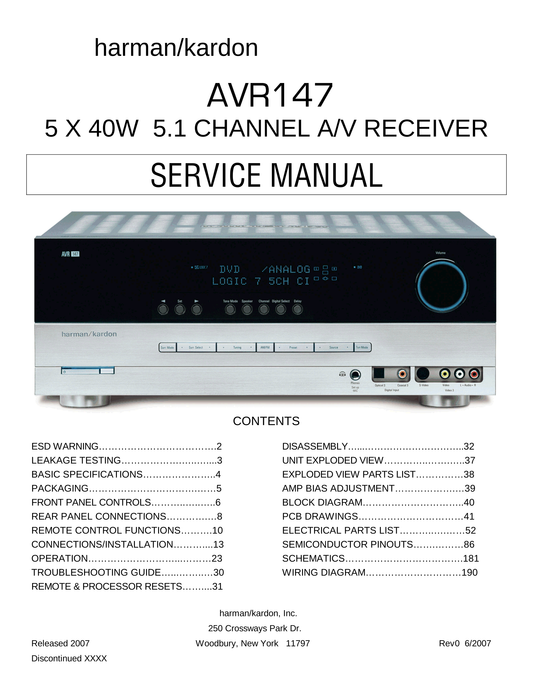 Harman/ Kardon AVR147 AV Receiver Service Manual (Pages: 190)