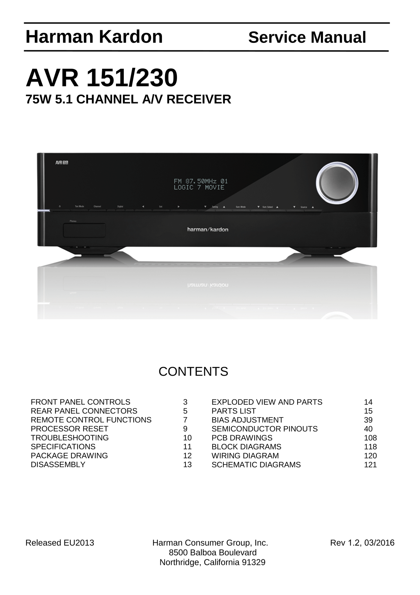 Harman/ Kardon AVR151 AV Receiver Service Manual (Pages: 131)