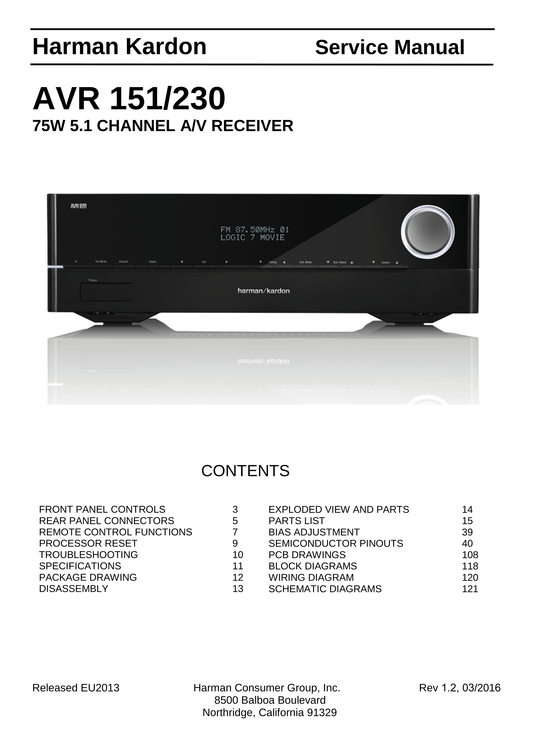 Harman/ Kardon AVR151 AV Receiver Service Manual (Pages: 131)