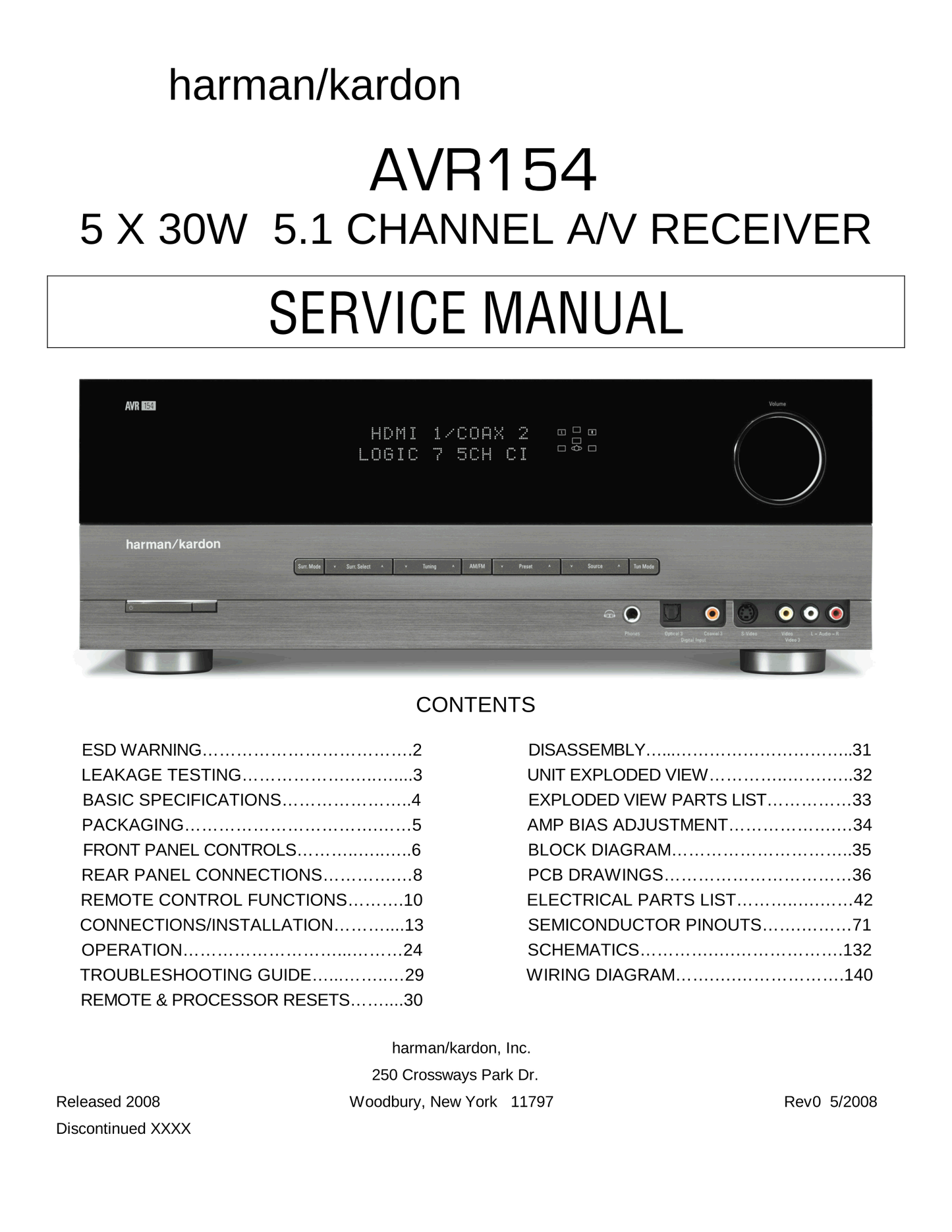 Harman/ Kardon AVR154 AV Receiver Service Manual (Pages: 140)