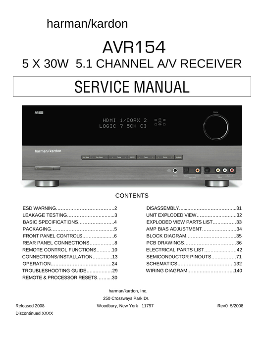 Harman/ Kardon AVR154 AV Receiver Service Manual (Pages: 140)