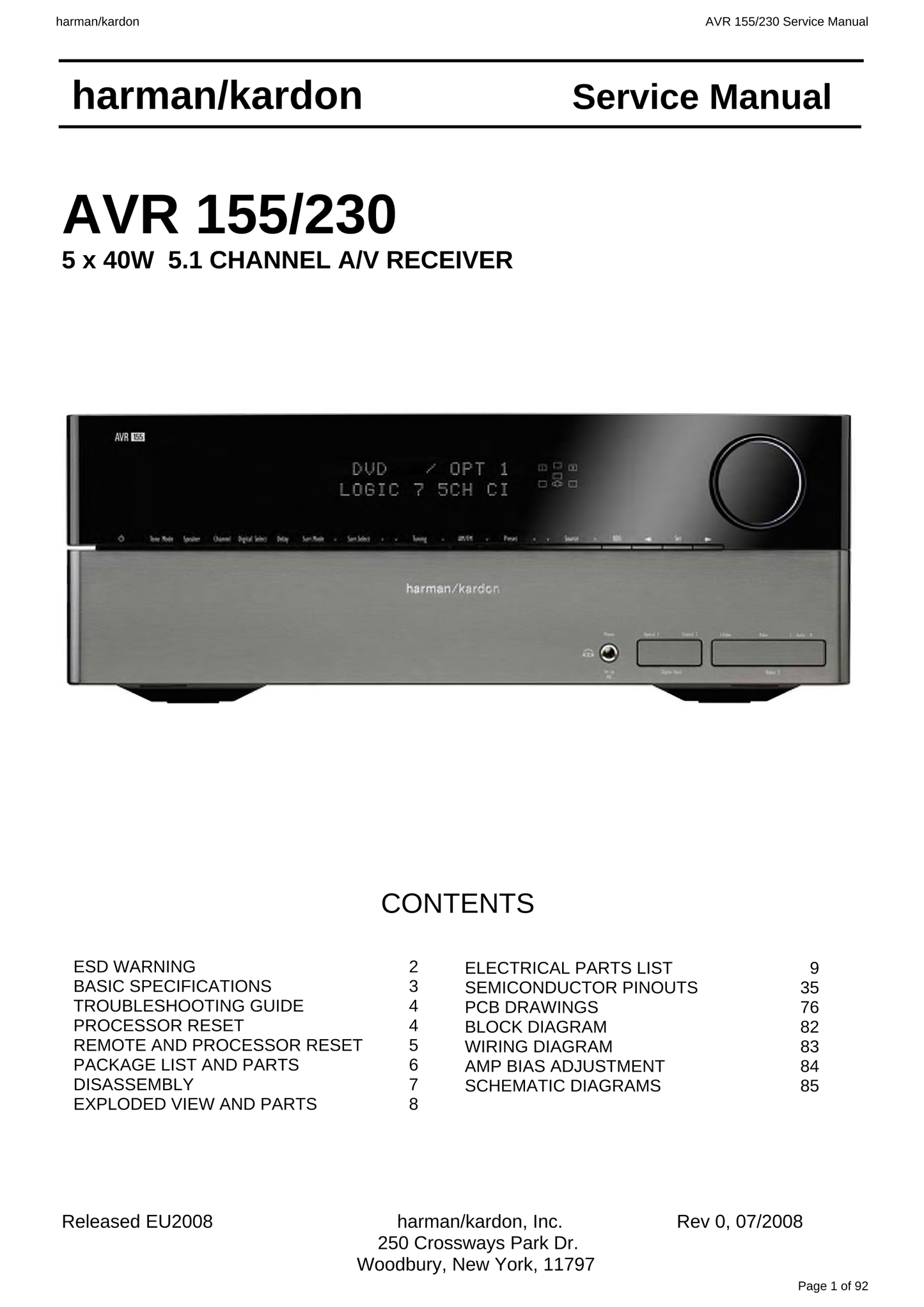 Harman/ Kardon AVR155/230 AV Receiver Service Manual (Pages: 92)