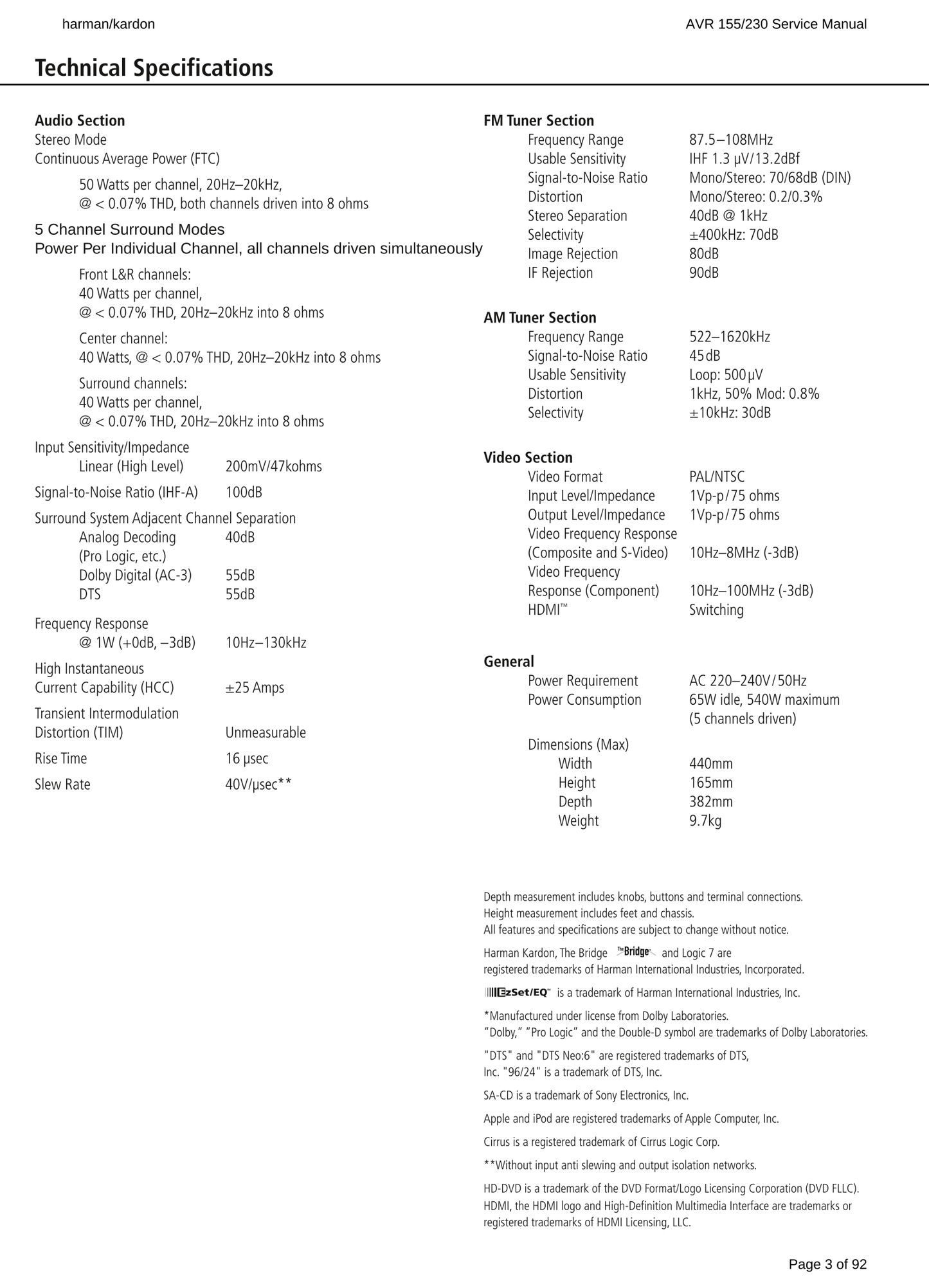 Harman/ Kardon AVR155/230 AV Receiver Service Manual (Pages: 92)