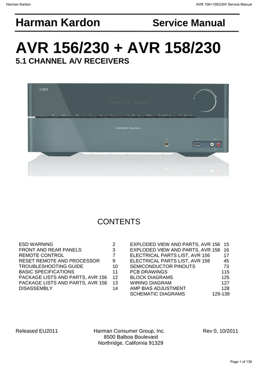 Harman/ Kardon AVR 156/230 & 158/230 Audio/ Video Receiver Service Manual (Pages: 139)