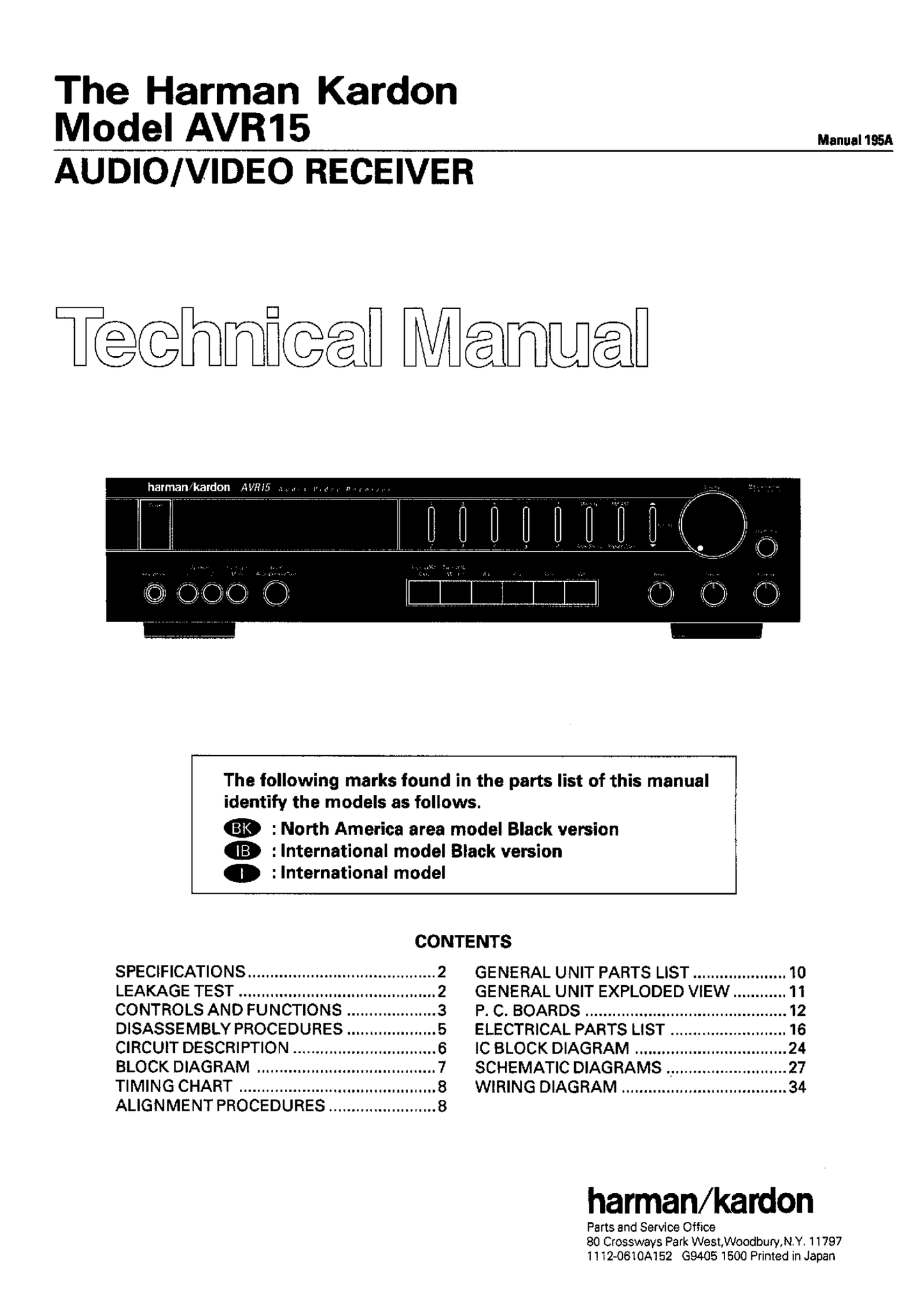 Harman/ Kardon AVR15 Audio/ Video Receiver Owner & Service Manual (Pages: 69)