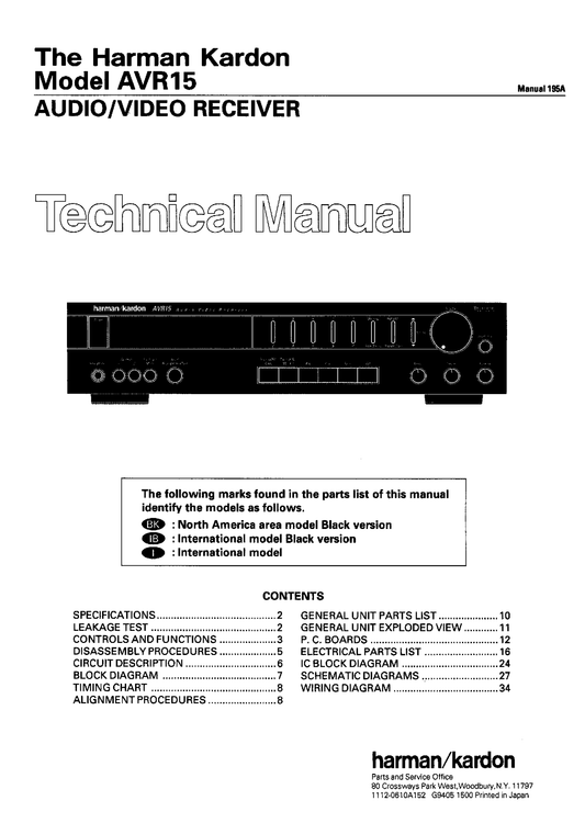 Harman/ Kardon AVR15 Audio/ Video Receiver Owner & Service Manual (Pages: 69)