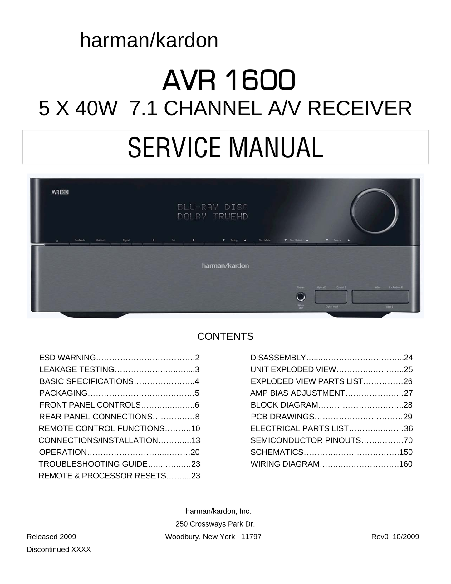 Harman/ Kardon AVR1600 AV Receiver Service Manual (Pages: 160)